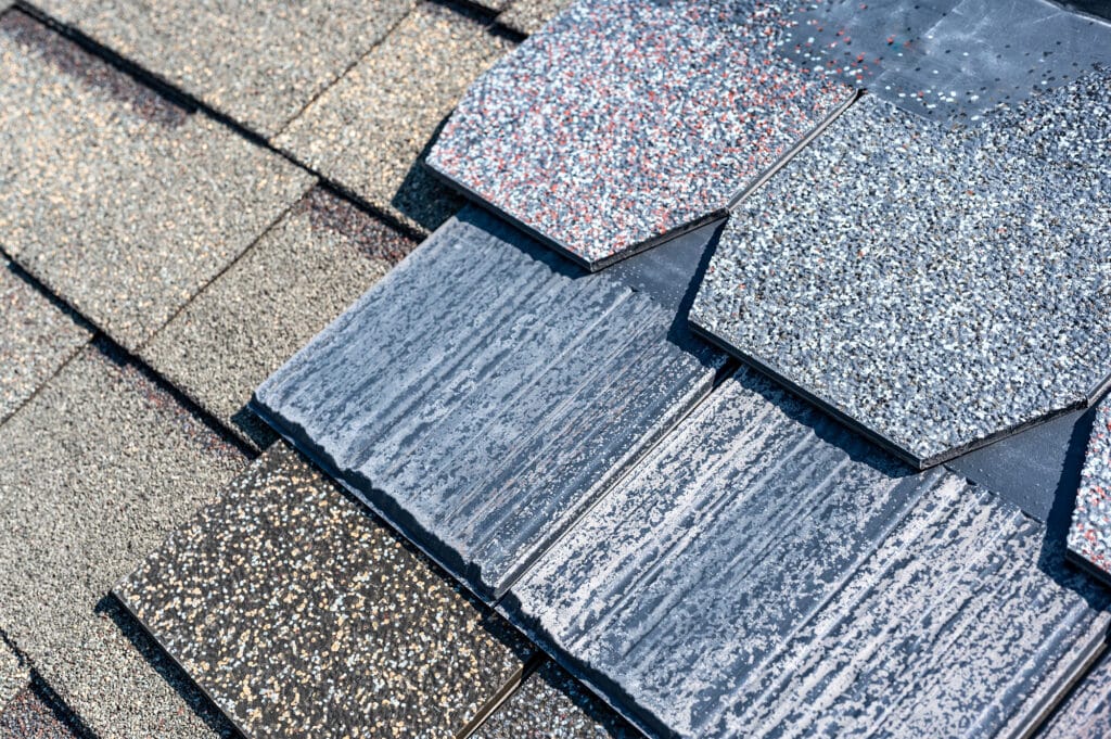 asphalt shingles on roof. Close-up view.