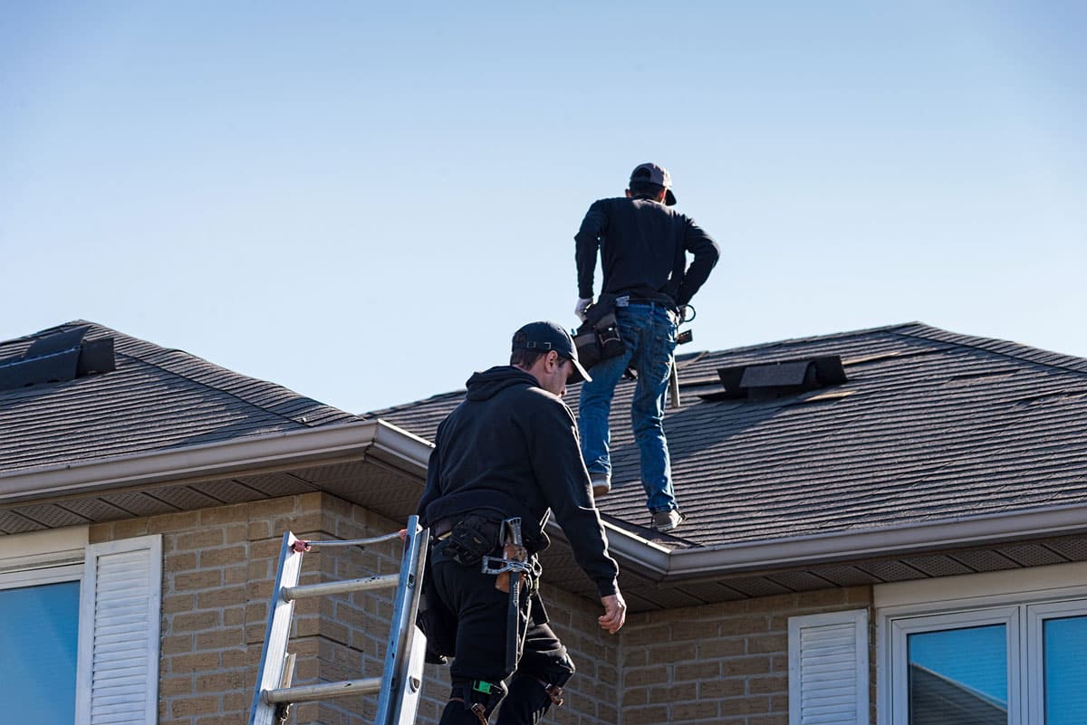 Two workers in safety gear on a roof. They appear to be performing maintenance or installation.