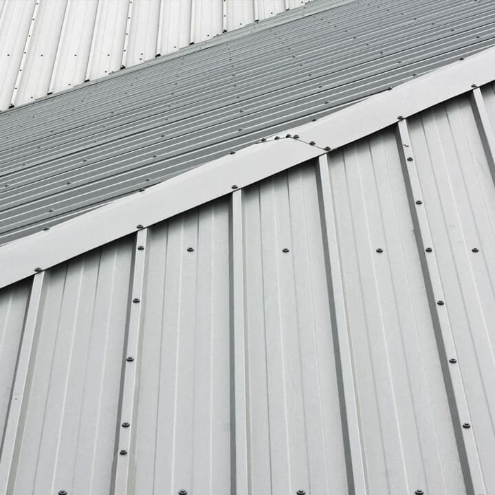 Close-up of metal roof panels. Industrial roofing detail.