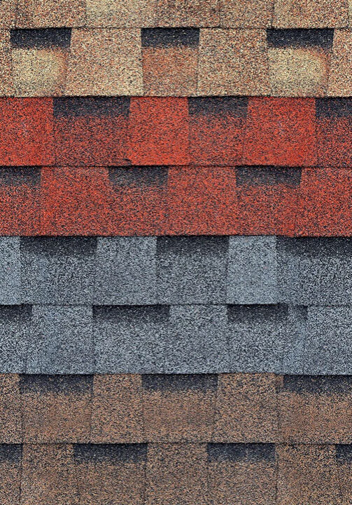 Rows of roofing shingles. Various colors.